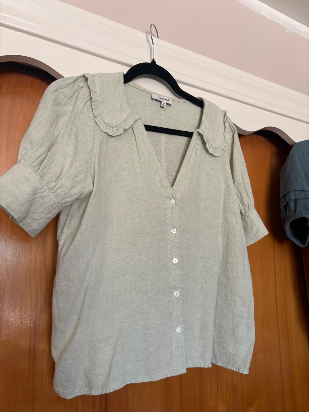 Madewell Mint Green Button-Front Ruffle Collar Blouse